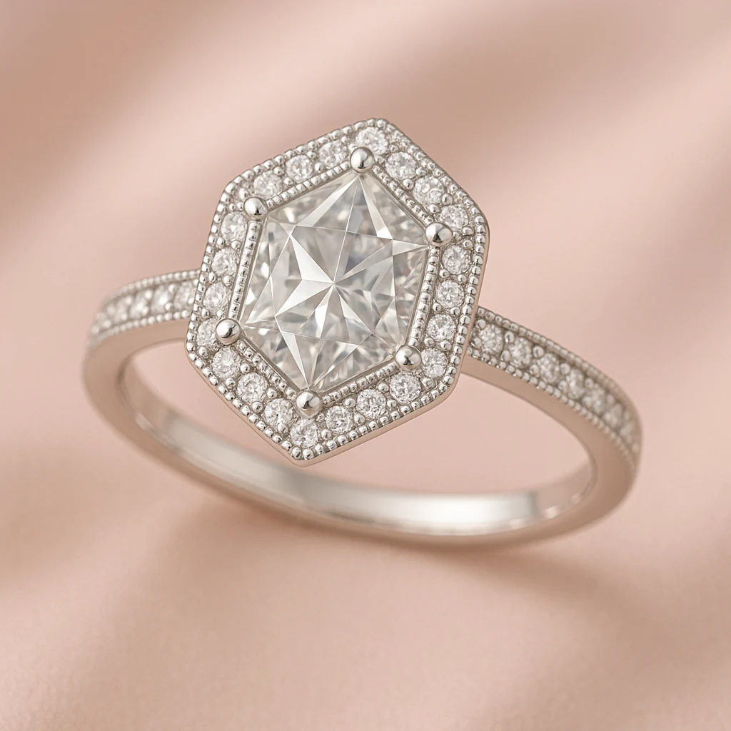 Hexagonal ring in white metal, front view