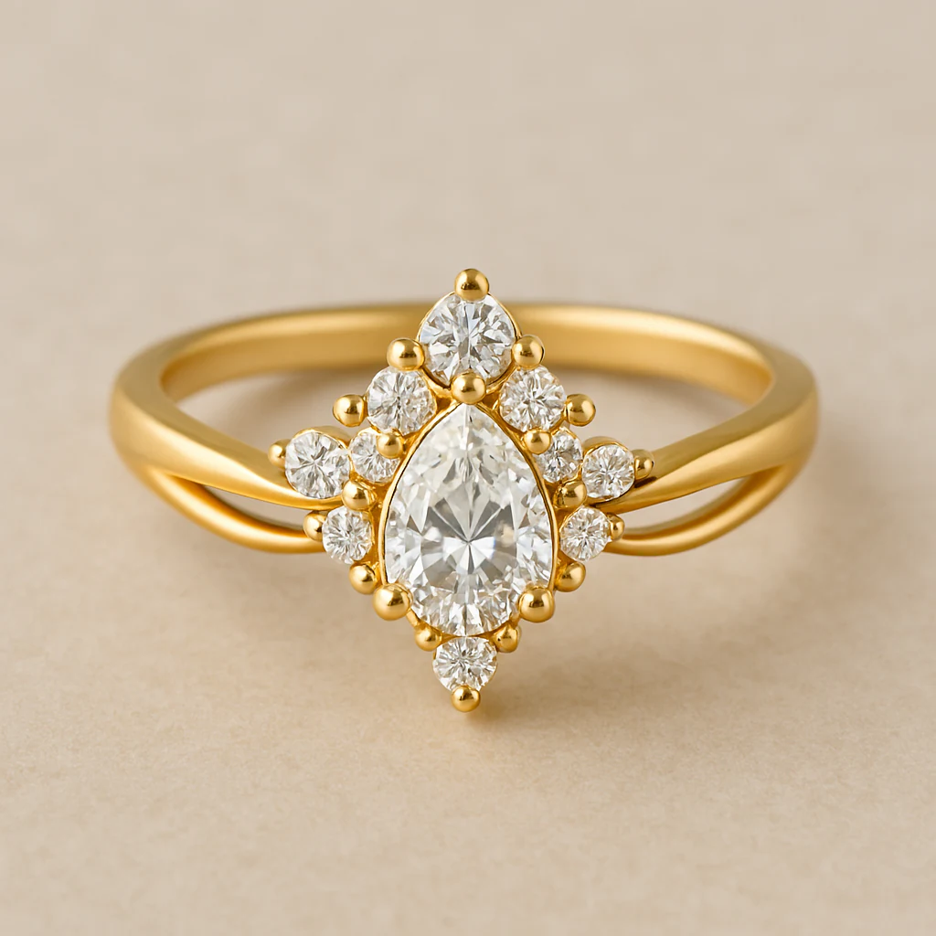 Marquise ring in yellow gold, front view
