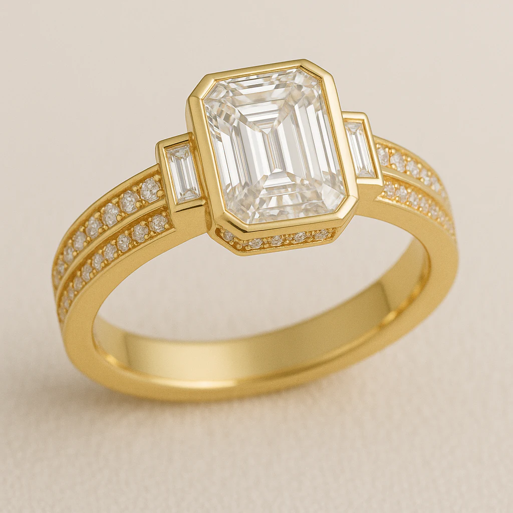 Emerald ring in yellow gold, three-quarter view