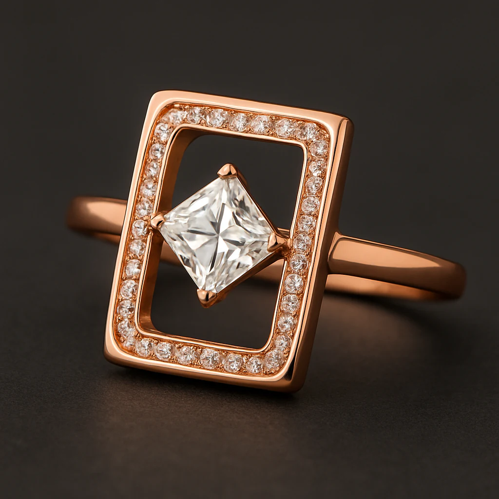 Princess ring in rose gold, front view