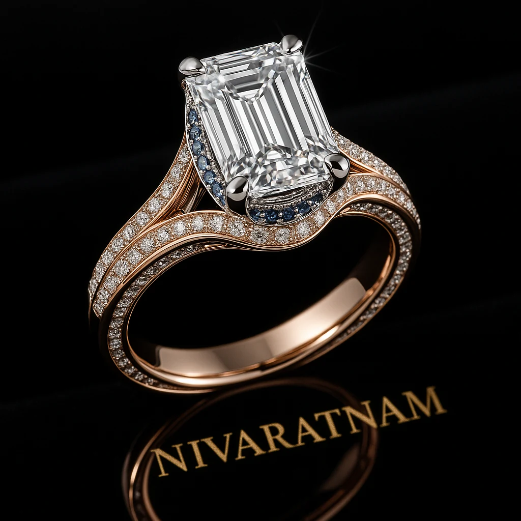 Emerald ring in rose gold, editorial view
