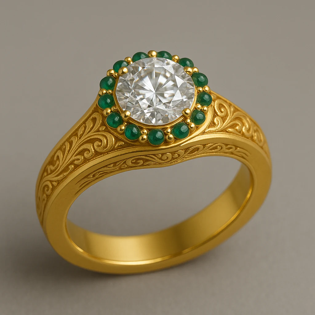 Round ring in yellow gold, three-quarter view