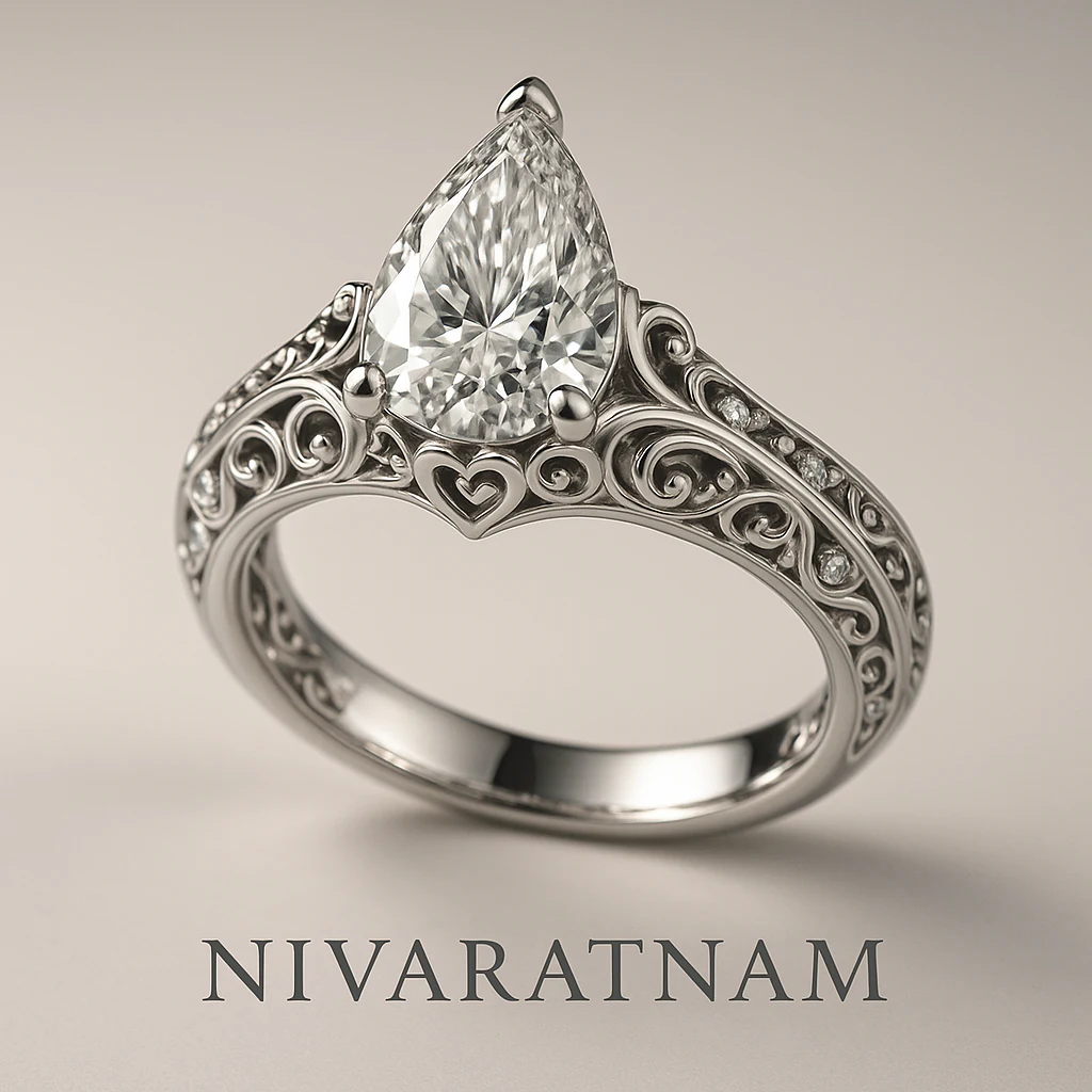 Pear ring in white metal, three-quarter view