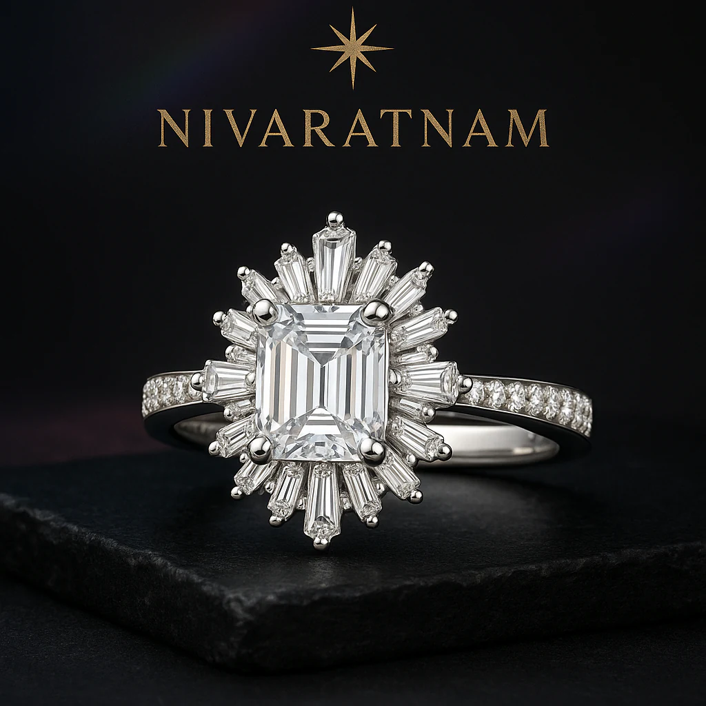 Emerald ring in white metal, editorial view