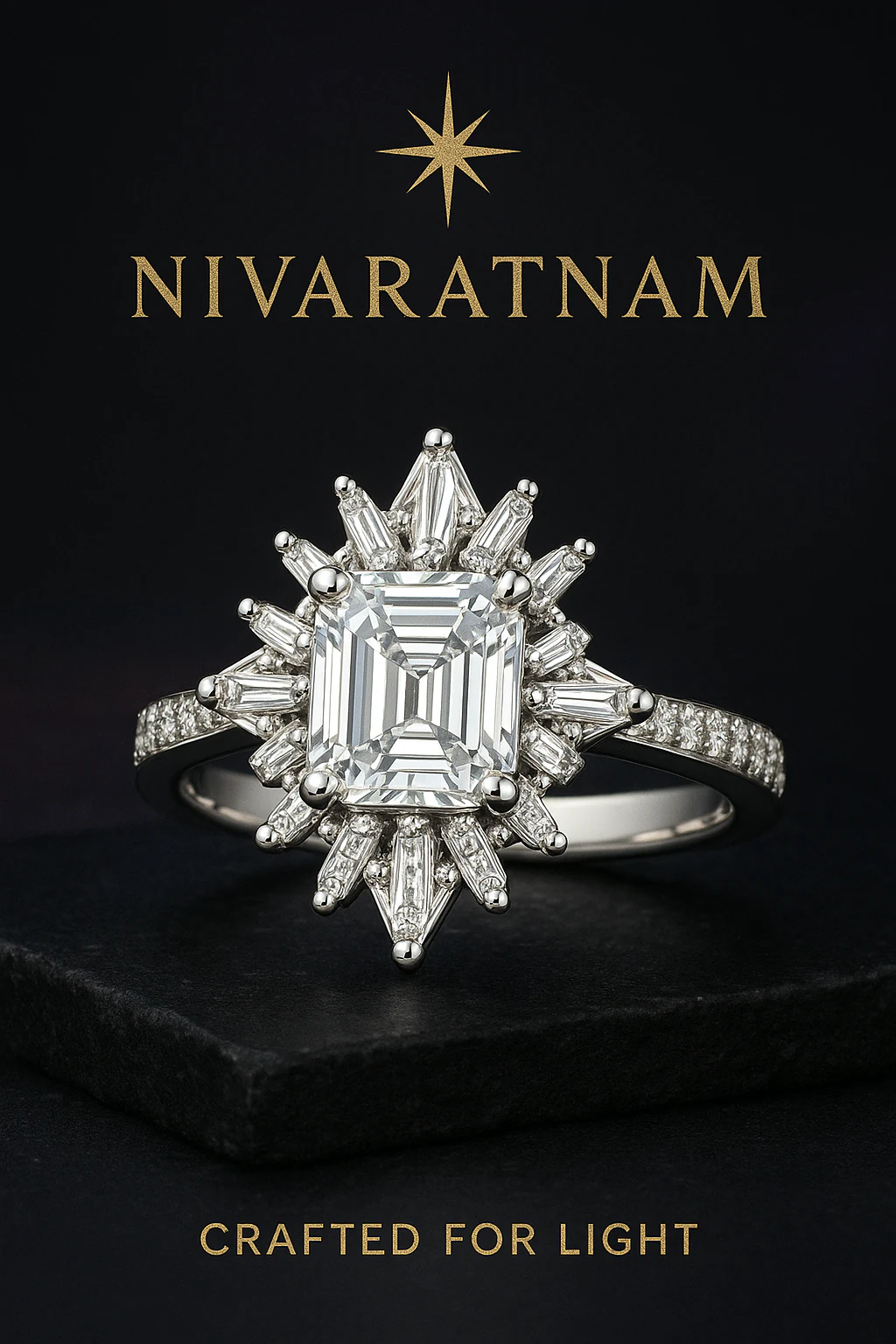 Emerald ring in white metal, editorial view