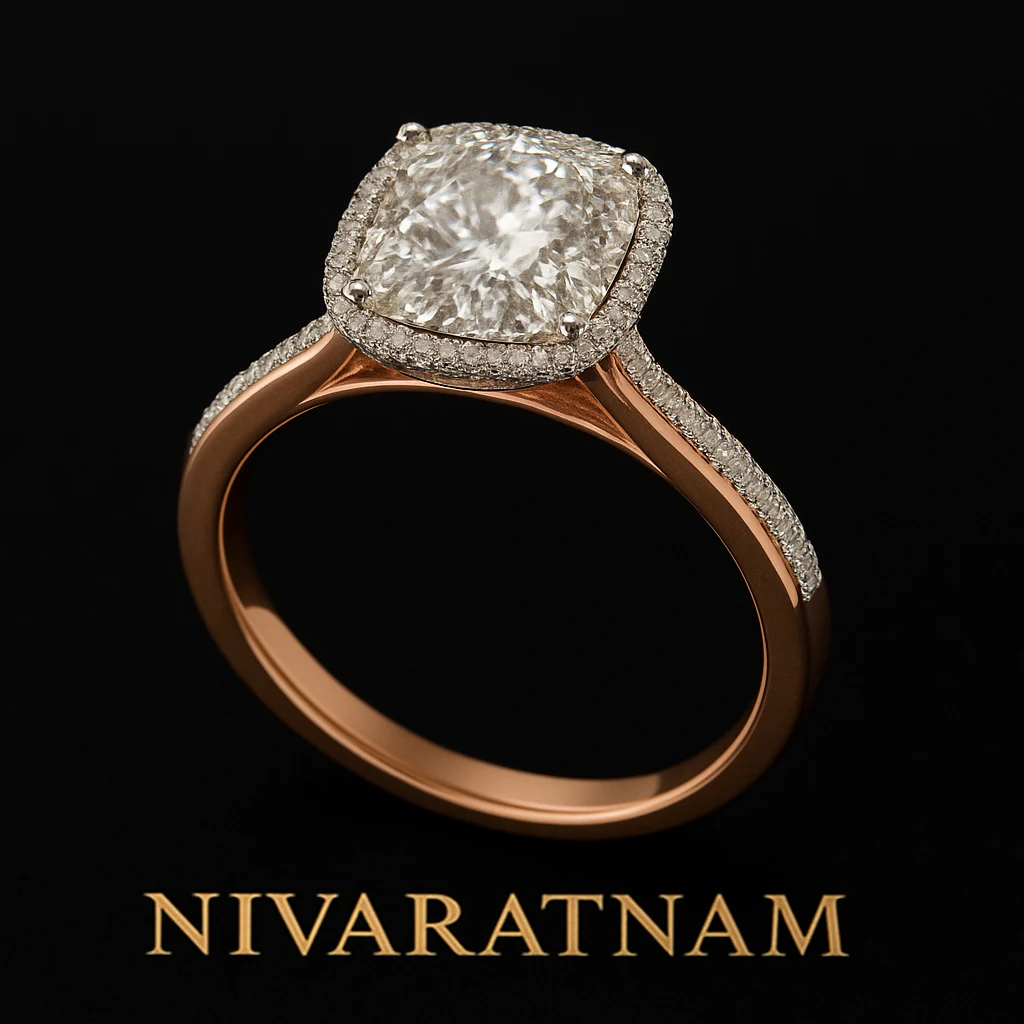 Cushion ring in rose gold, editorial view