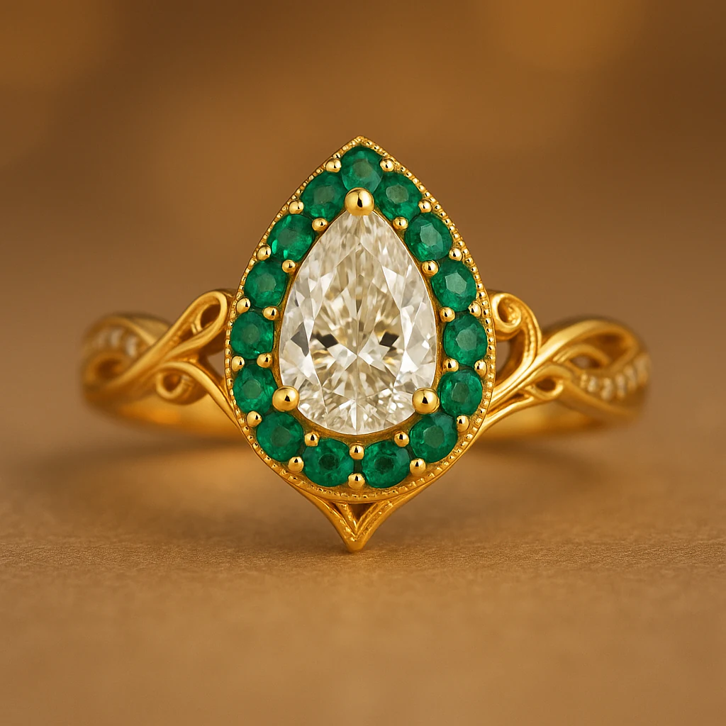 Pear ring in yellow gold, front view