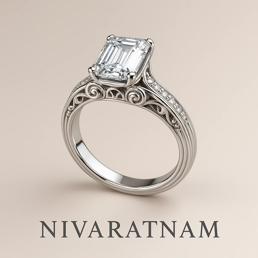 Emerald ring in white metal, side-profile view