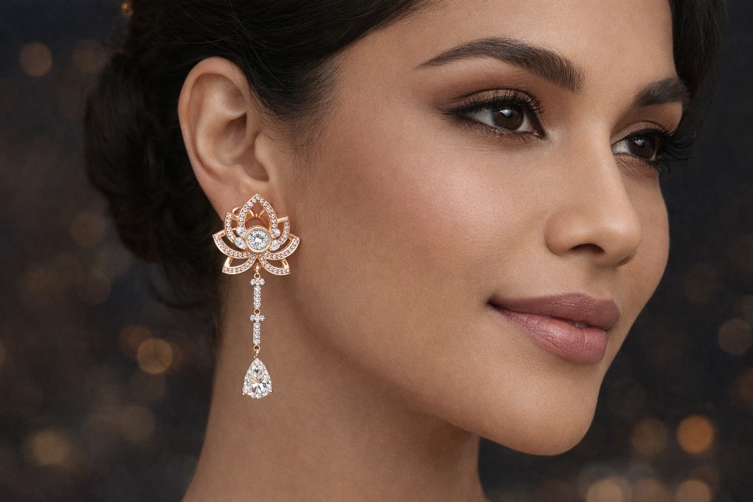 Pear earrings in rose gold, lifestyle view