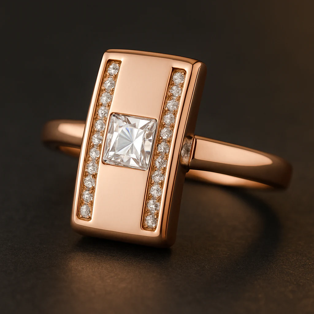 Princess ring in rose gold, front view