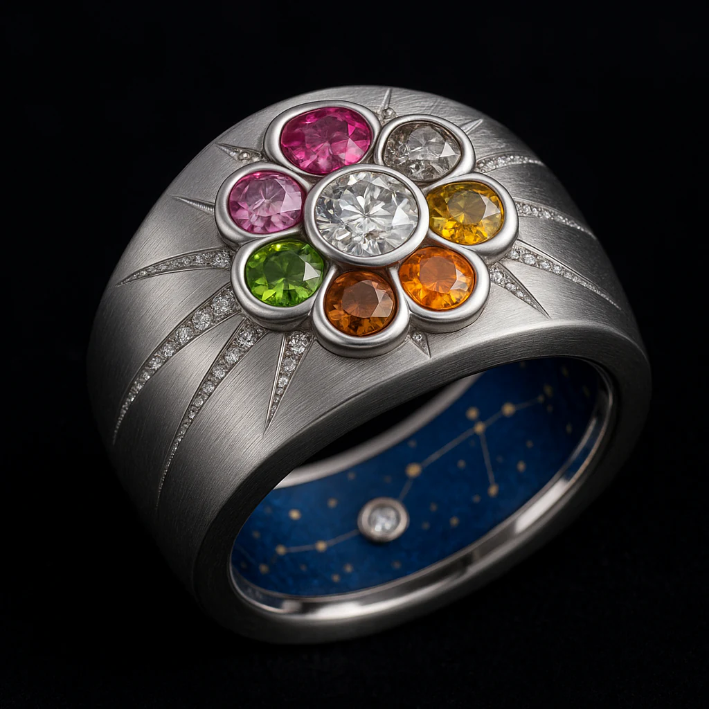 Round men's ring in white metal, three-quarter view