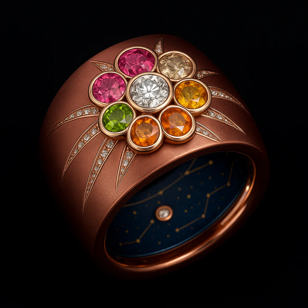 Round men's ring in rose gold, three-quarter view