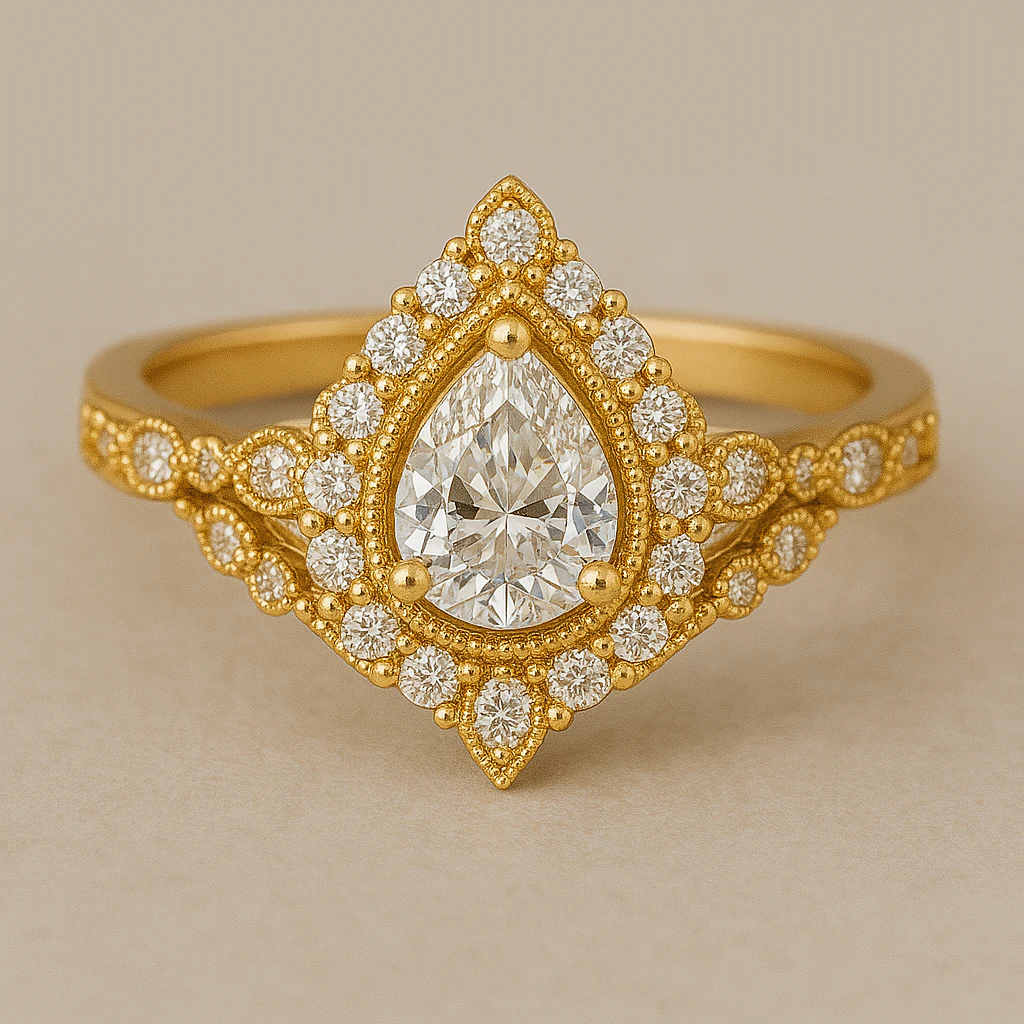 Pear ring in yellow gold, front view