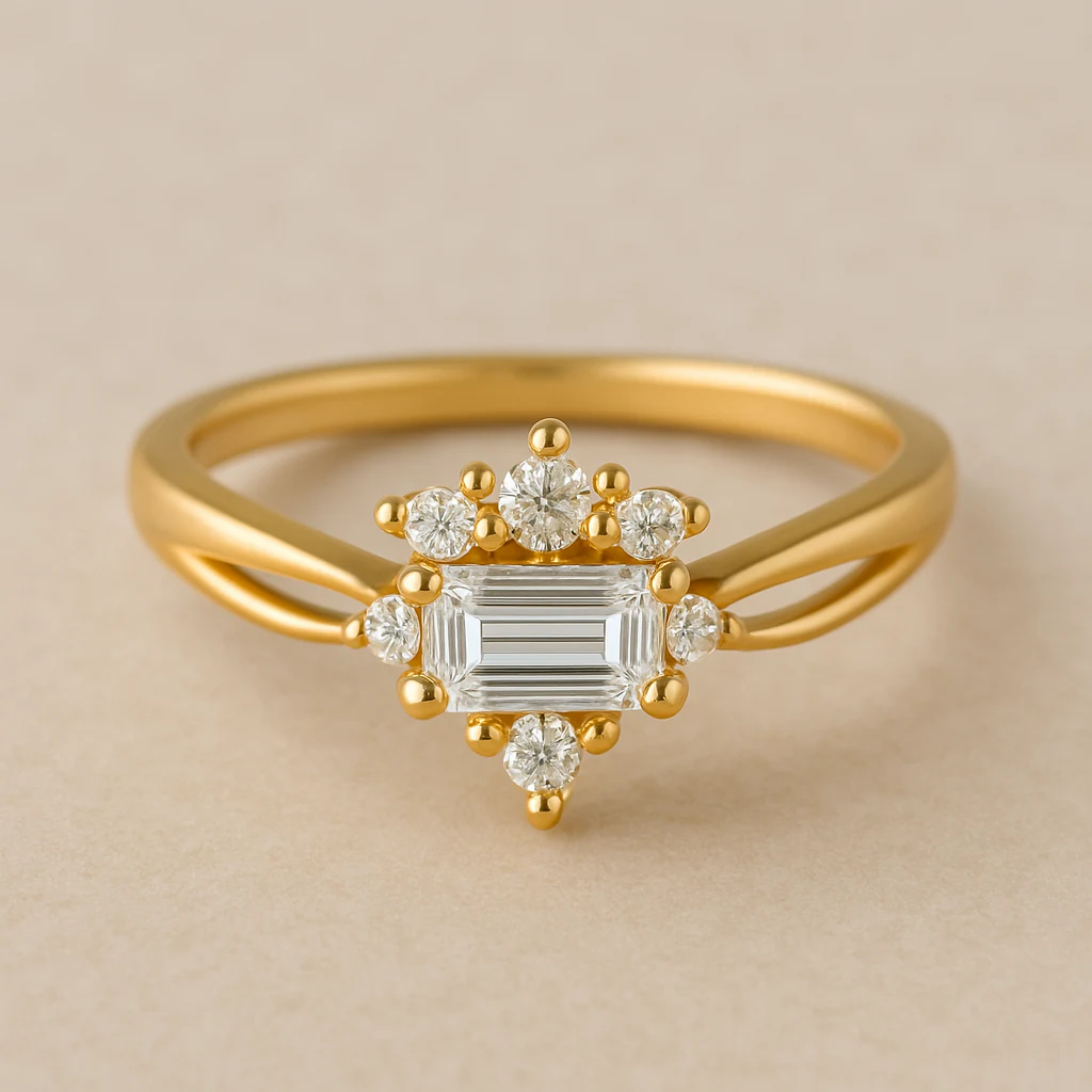 Emerald ring in yellow gold, front view