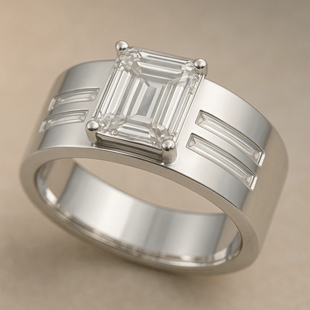 Emerald men's ring in white metal, three-quarter view
