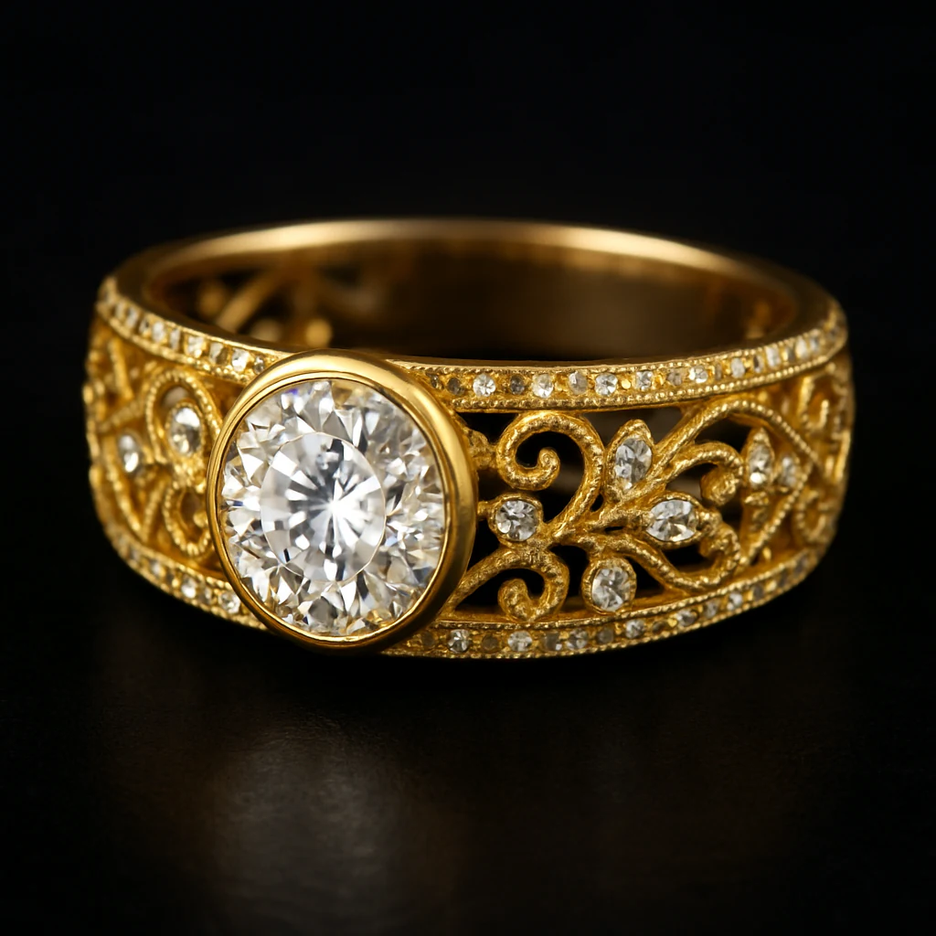 Round ring in yellow gold, three-quarter view