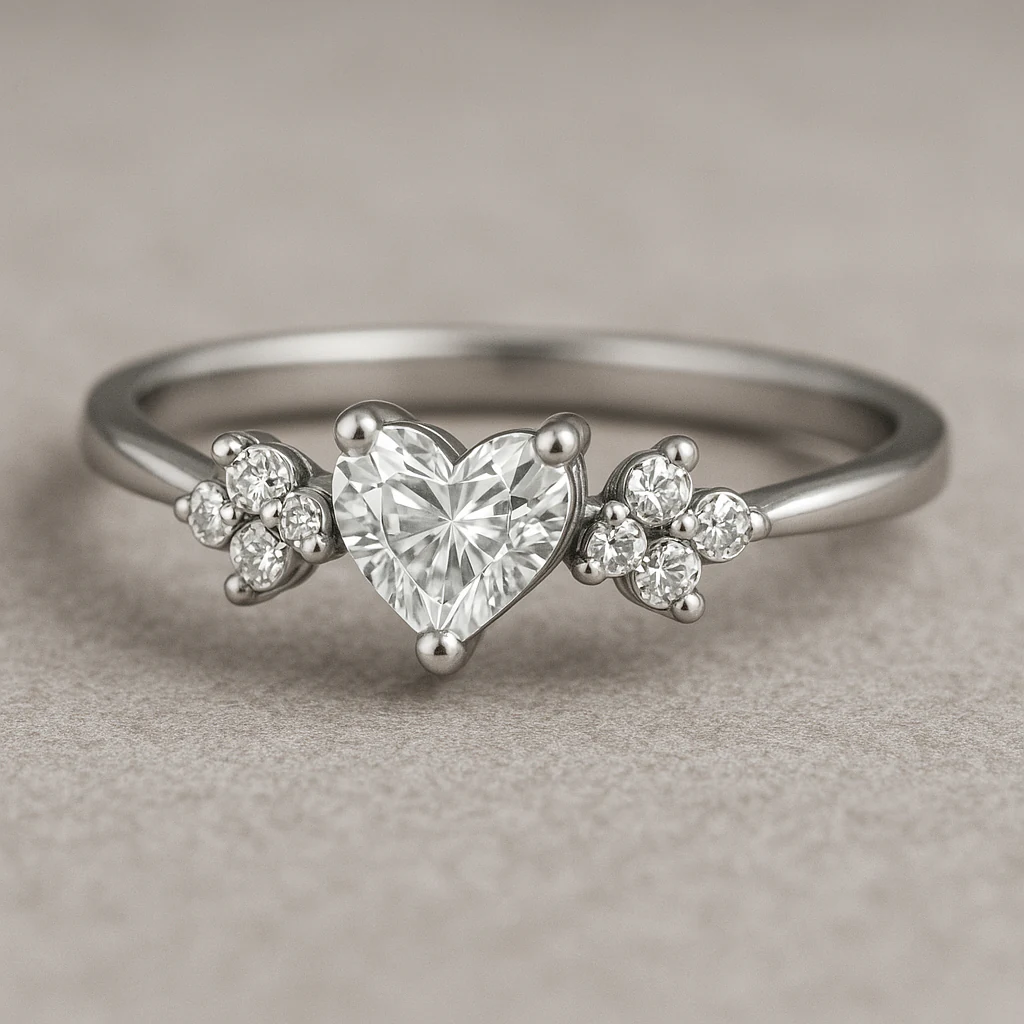 Heart ring in white metal, front view