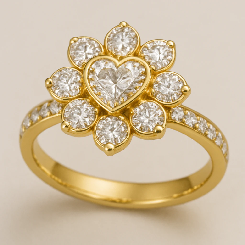 Heart ring in yellow gold, front view