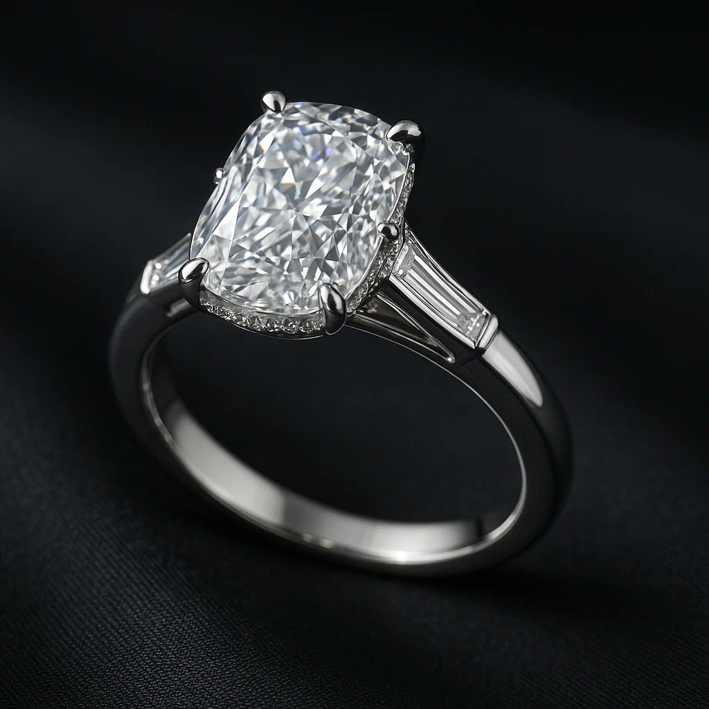 Cushion ring in white metal, three-quarter view