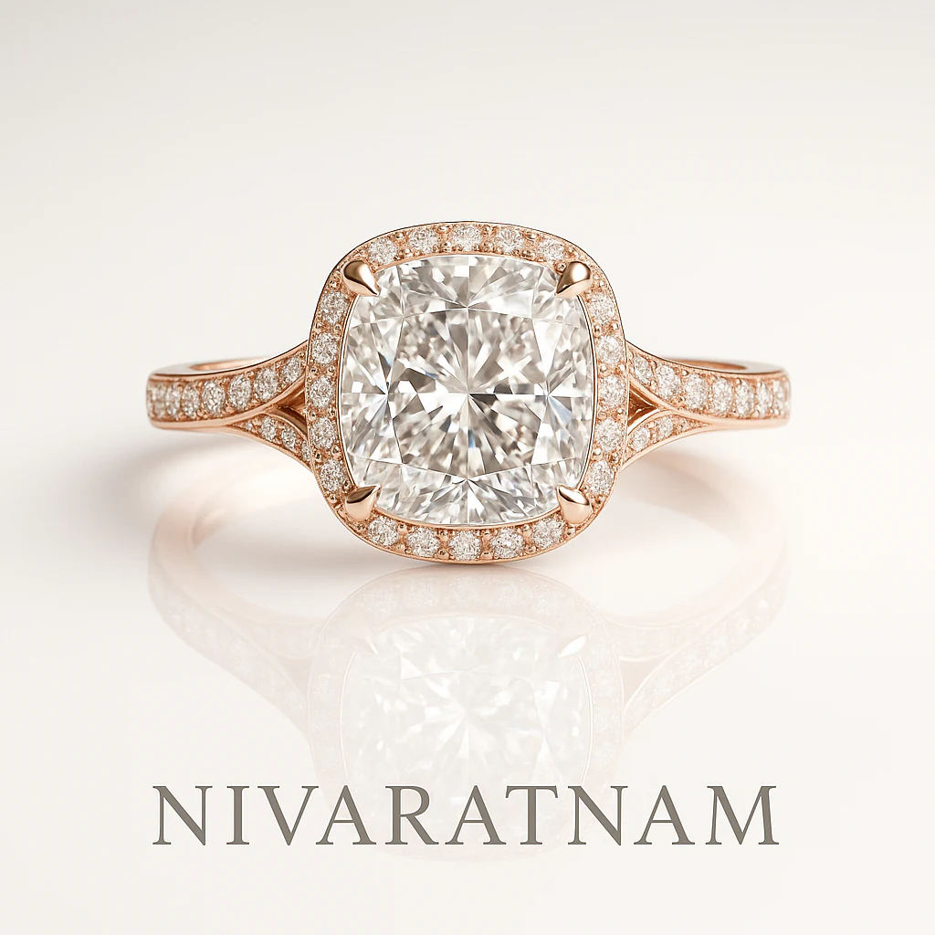 Cushion ring in rose gold, front view