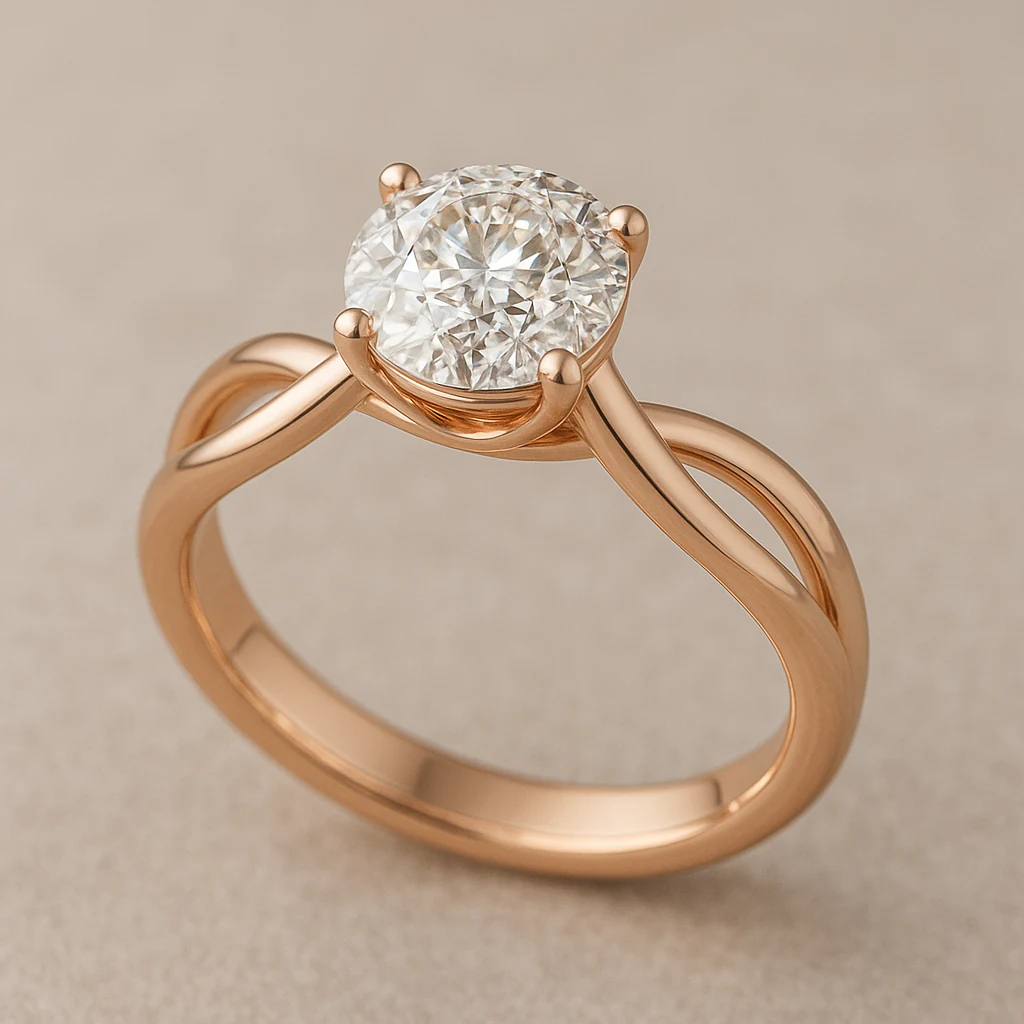 Round ring in rose gold, three-quarter view