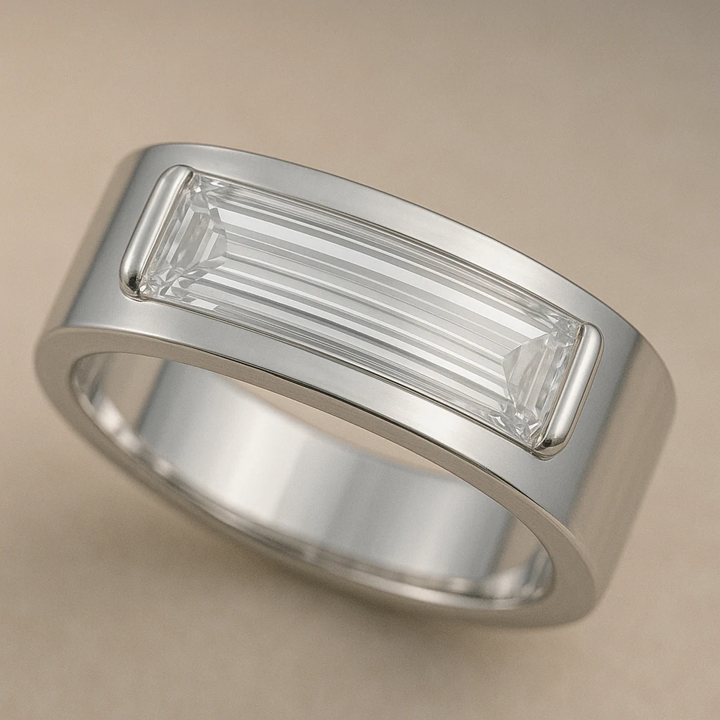 Baguette men's ring in white metal, three-quarter view
