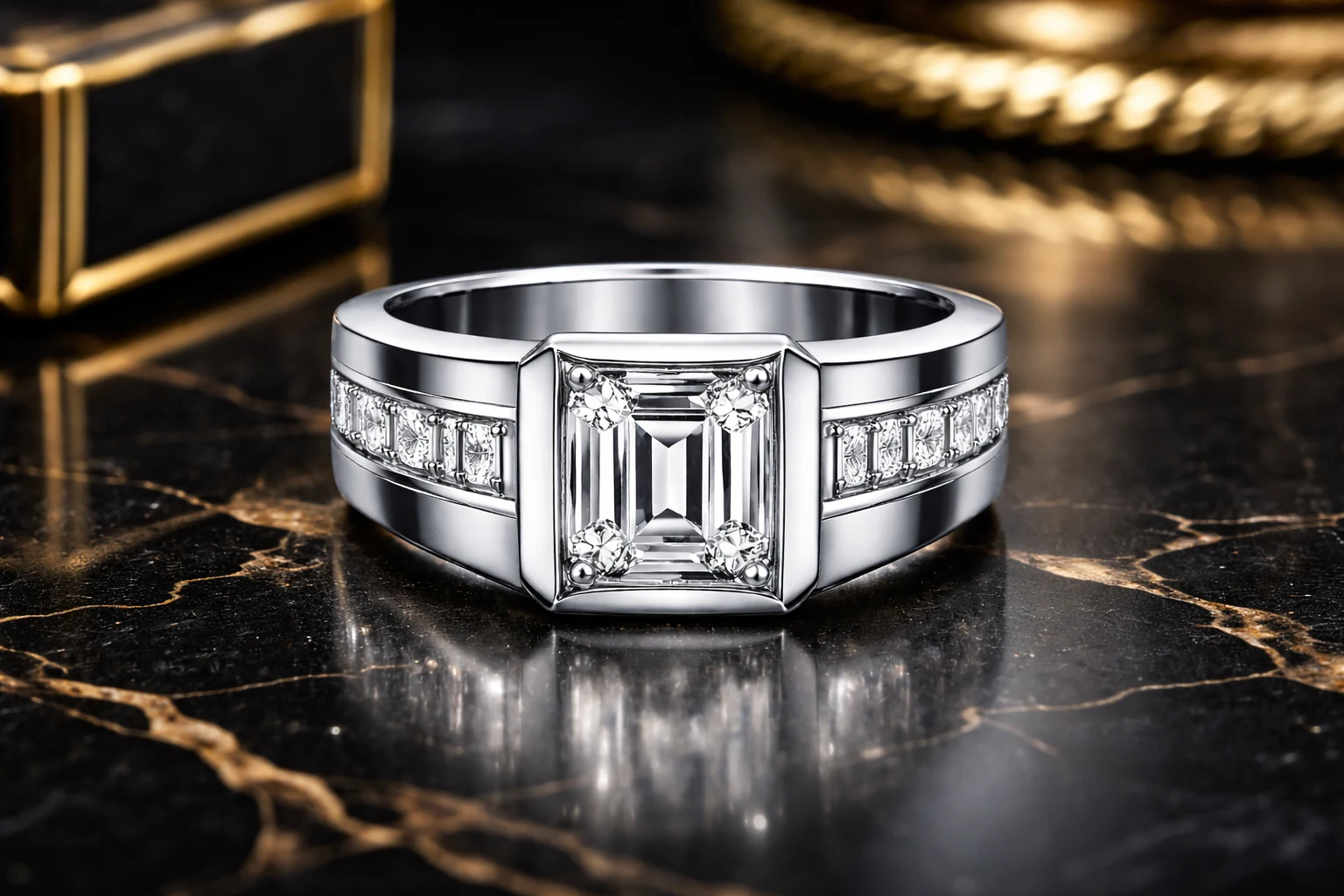 Emerald men's ring in white metal, front view