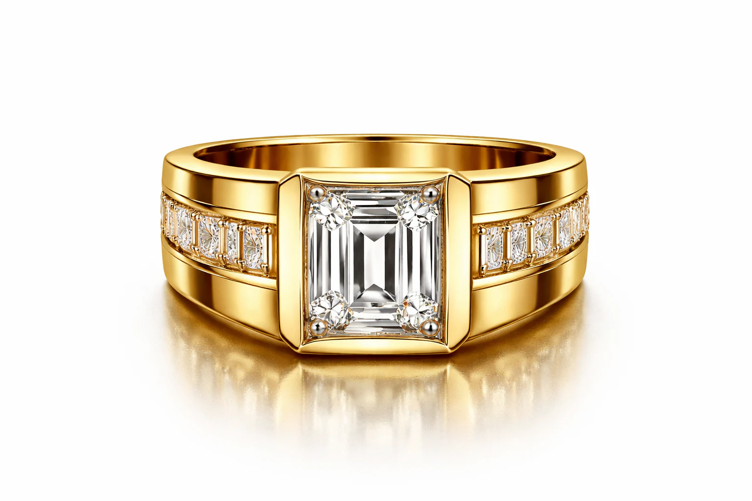 Emerald men's ring in yellow gold, front view