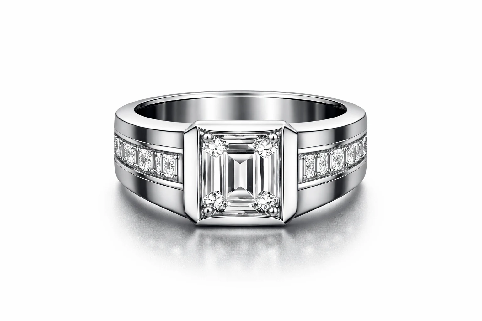 Emerald men's ring in white metal, front view
