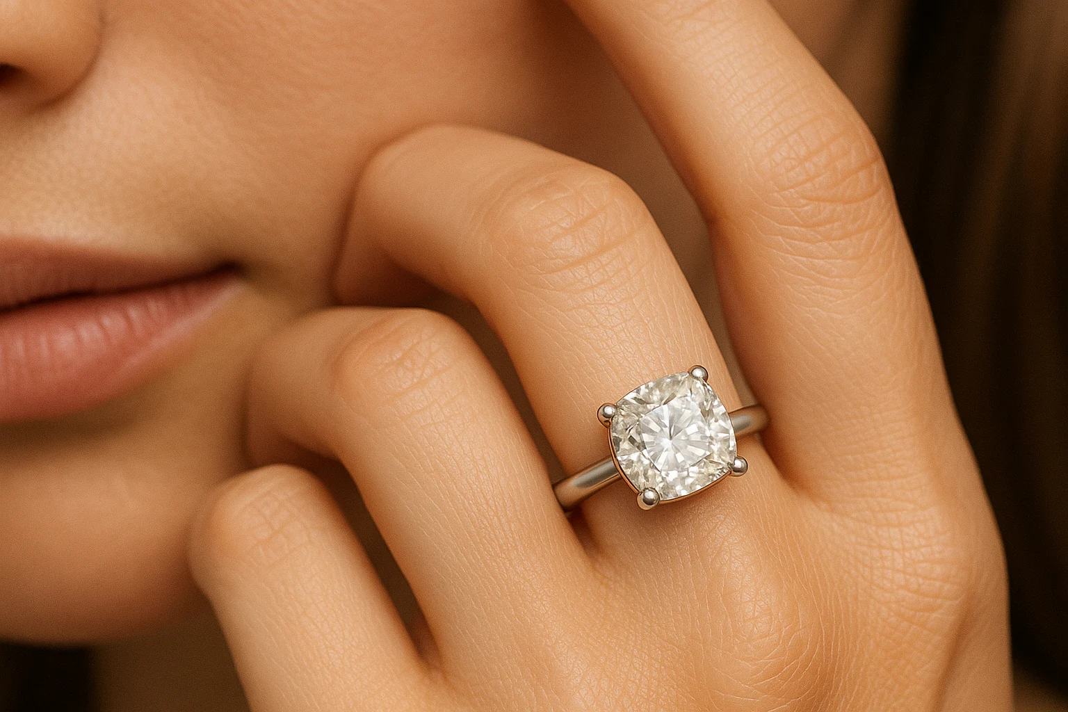 Cushion ring in yellow gold, lifestyle view