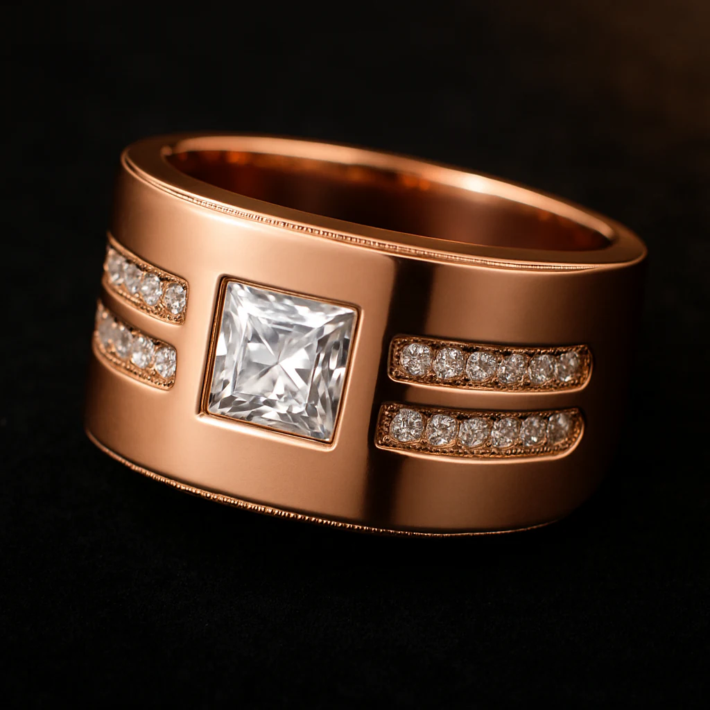 Princess men's ring in rose gold, editorial view