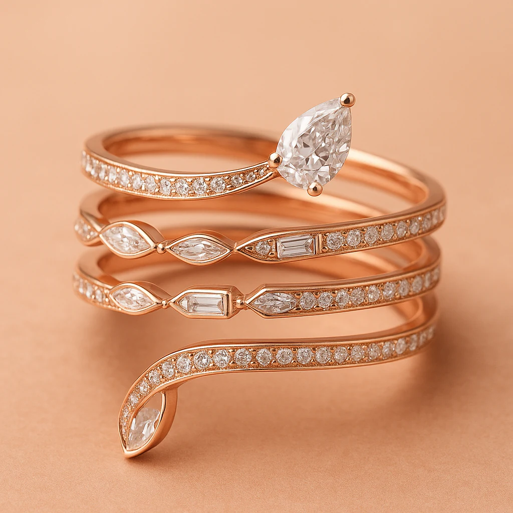 Marquise ring stack in rose gold, editorial view