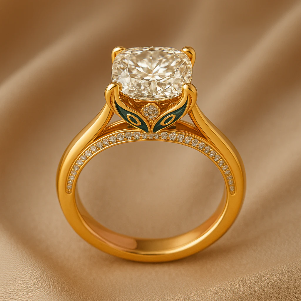Cushion ring in yellow gold, side-profile view