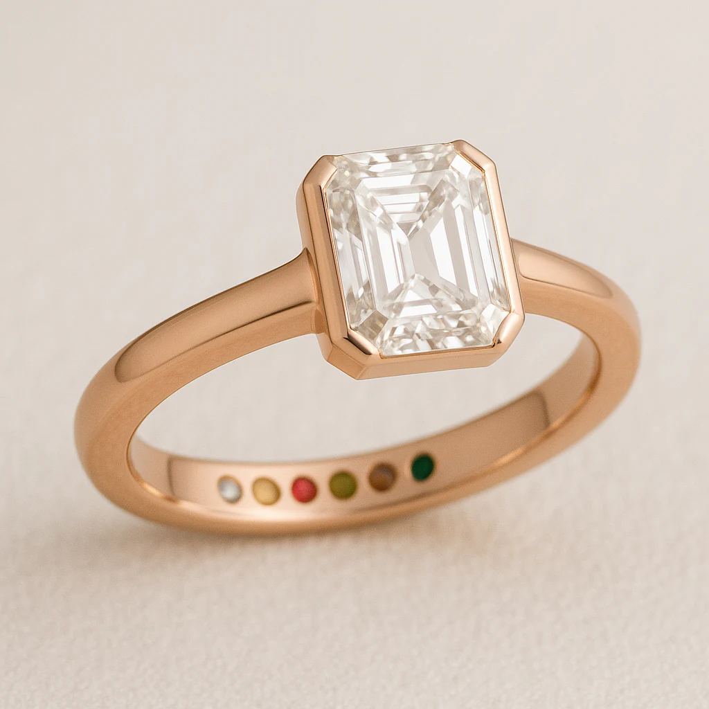 Emerald ring in rose gold, three-quarter view
