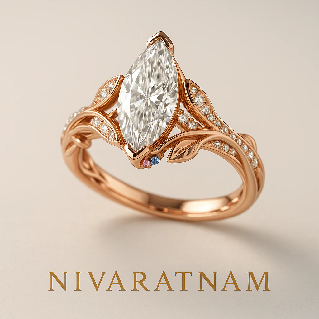 Marquise ring in rose gold, three-quarter view