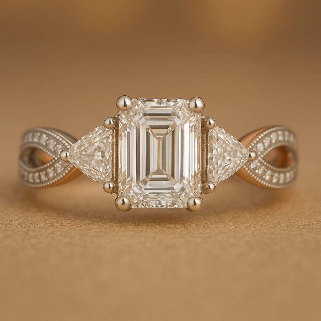 Emerald ring in yellow gold, front view