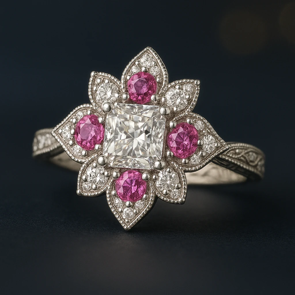 Princess ring in white metal, front view