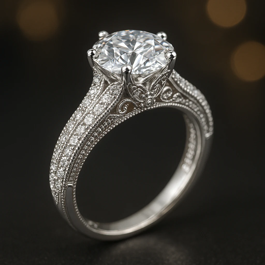 Round ring in white metal, three-quarter view