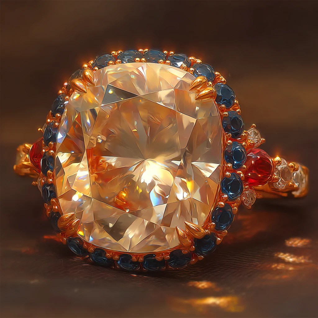 Cushion ring in yellow gold, macro view