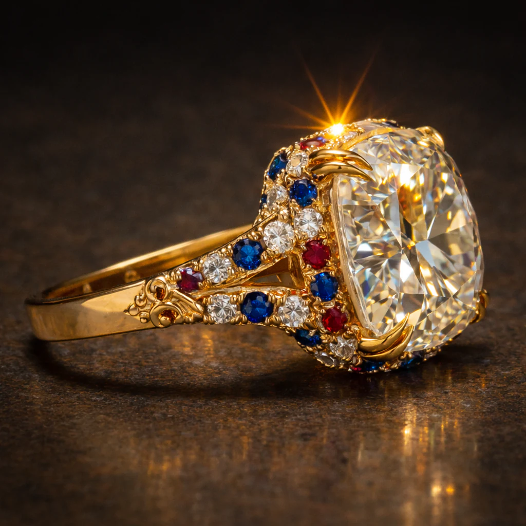 Cushion ring in yellow gold, side-profile view