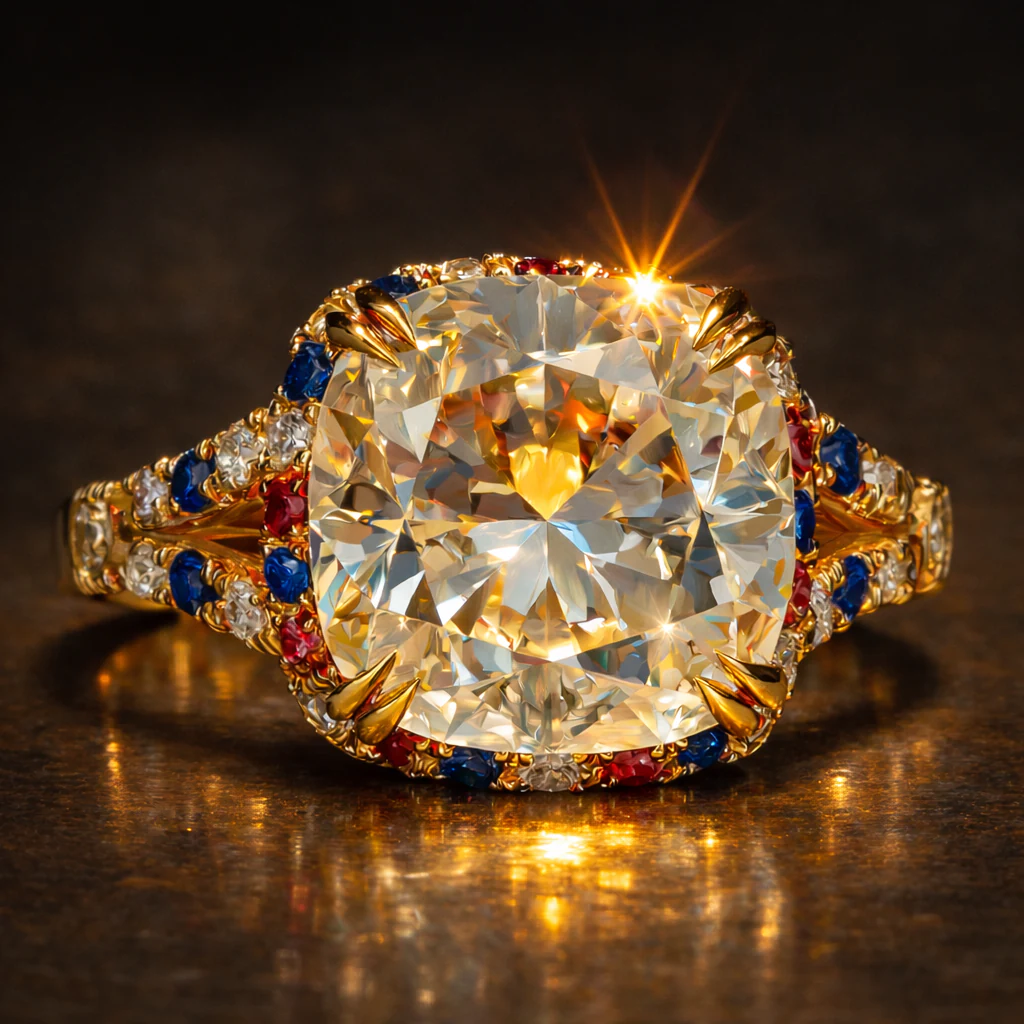 Cushion ring in yellow gold, front view
