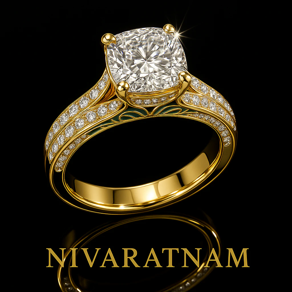 Cushion ring in yellow gold, editorial view