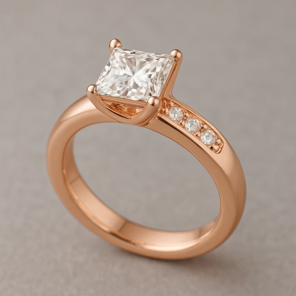Princess ring in rose gold, three-quarter view