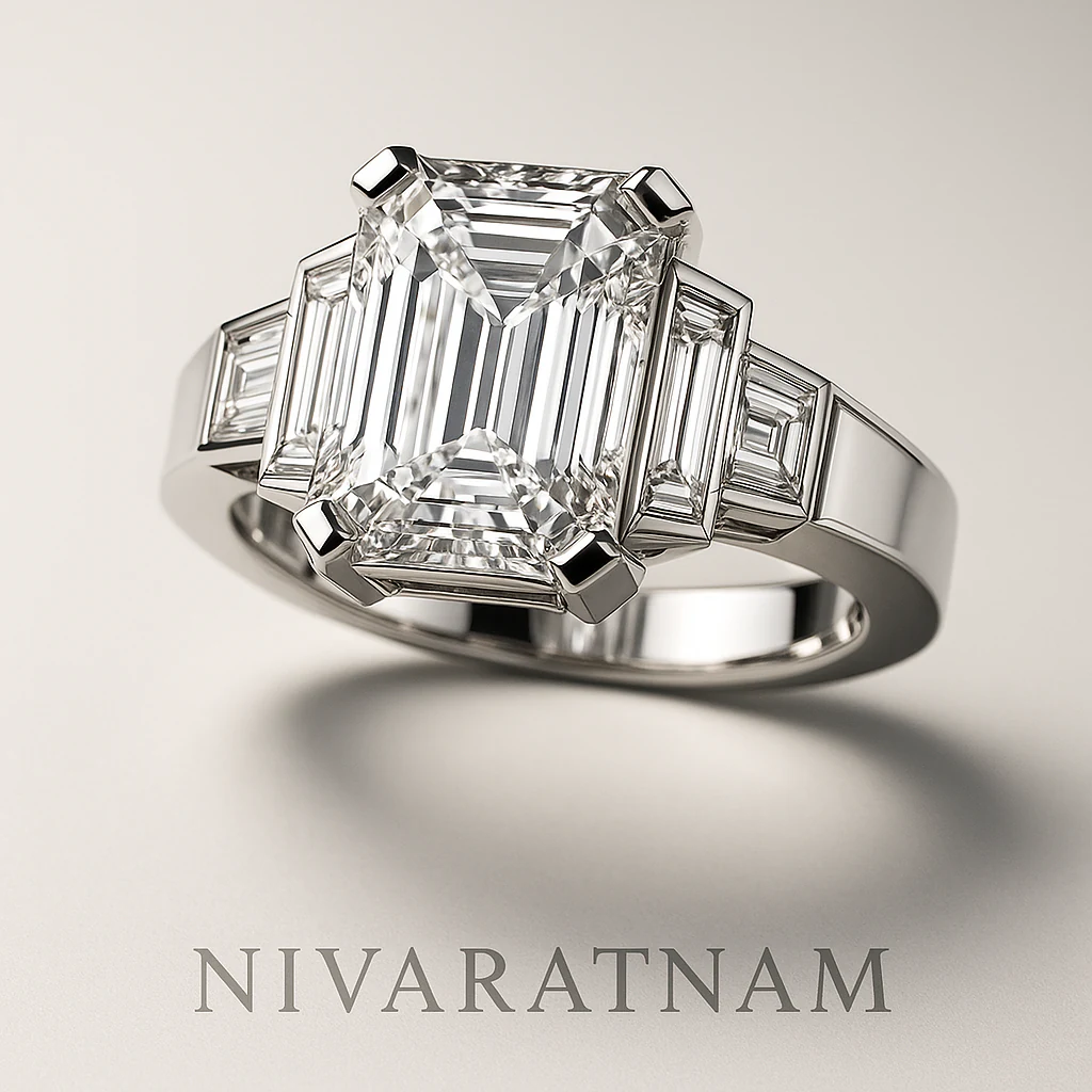 Emerald ring in white metal, three-quarter view