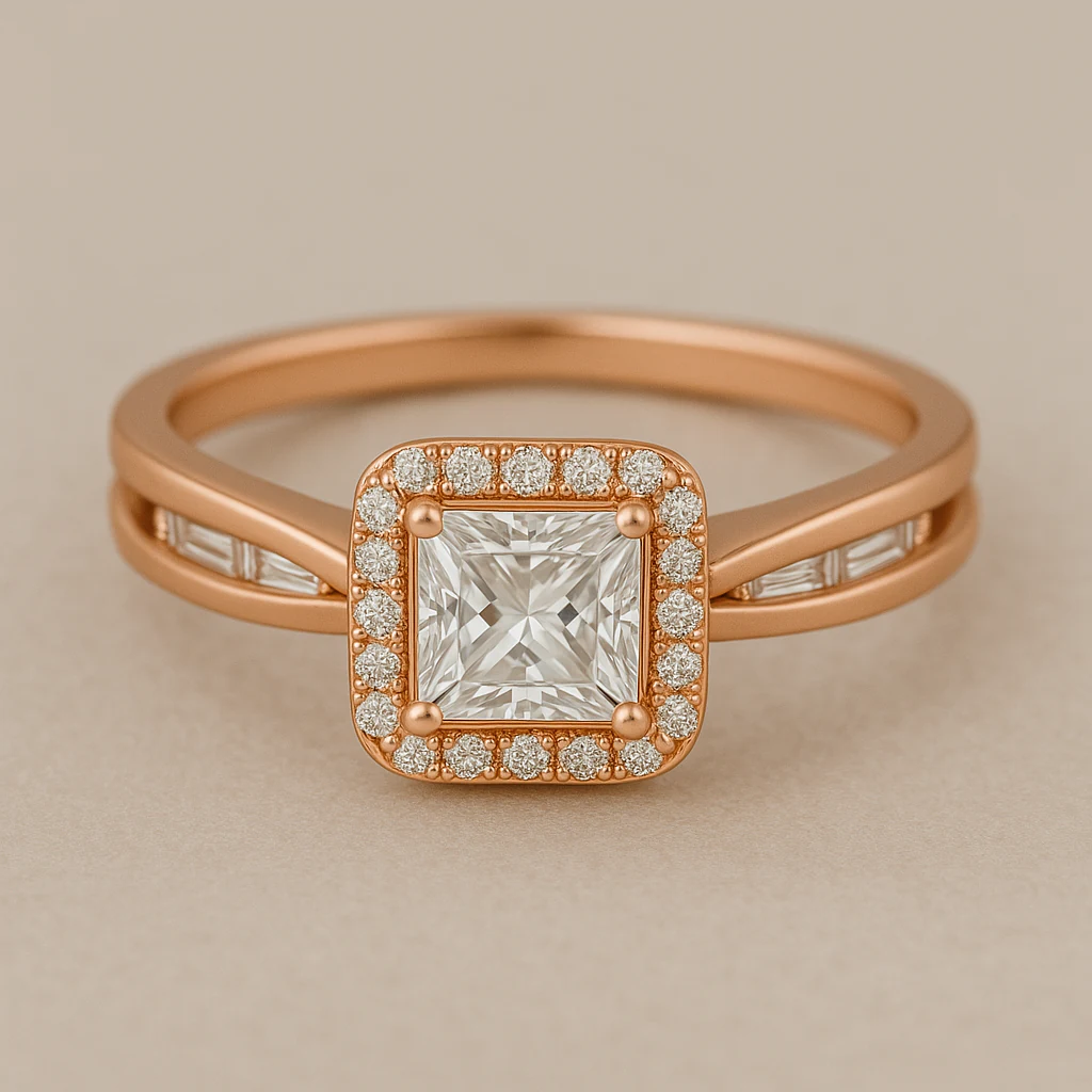 Princess ring in rose gold, front view