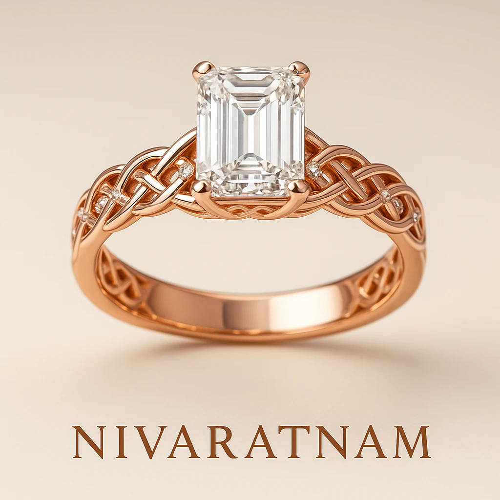 Emerald ring in rose gold, front view