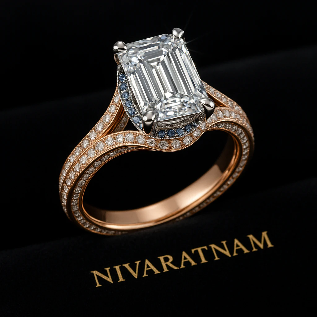 Emerald ring in rose gold, editorial view