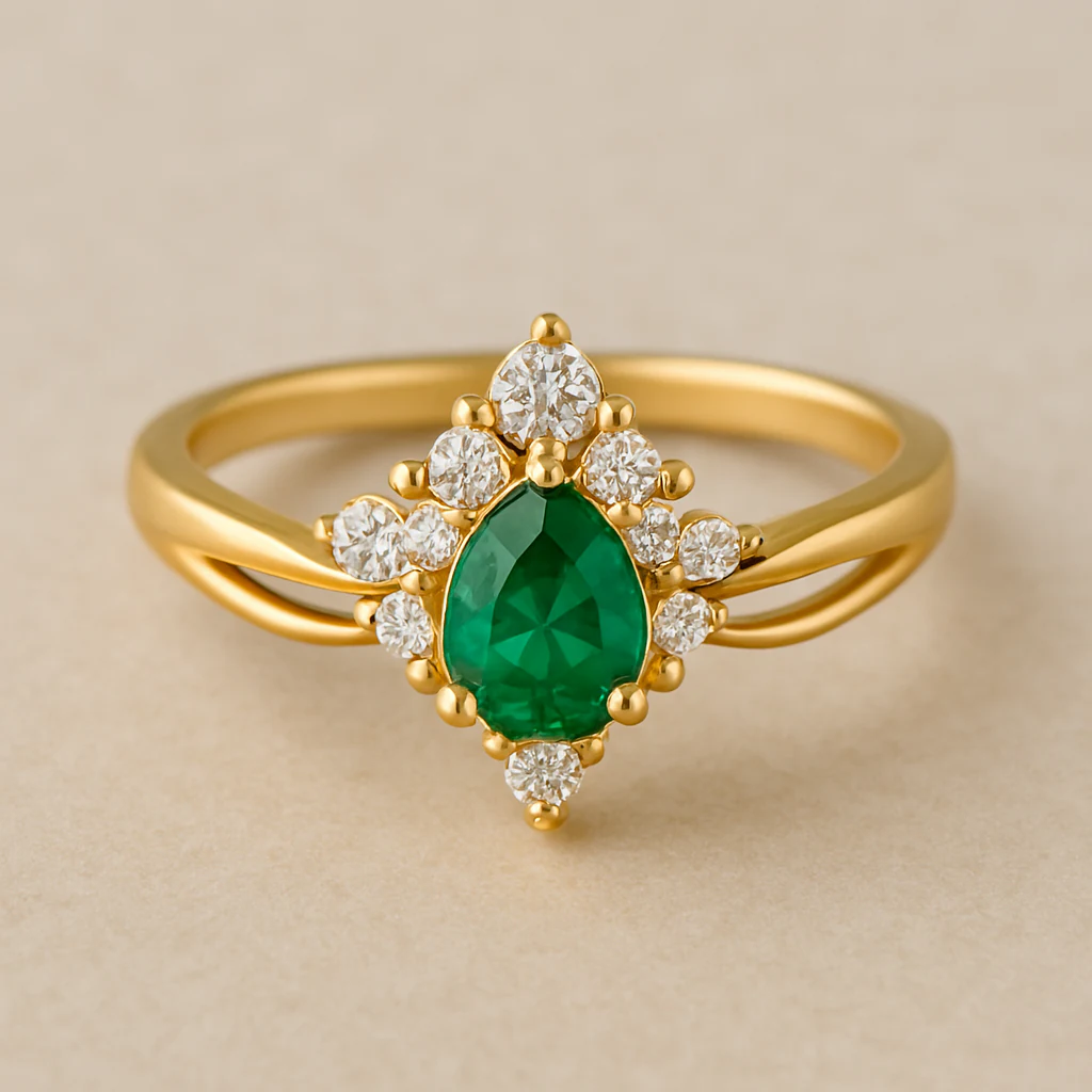 Pear ring in yellow gold, front view
