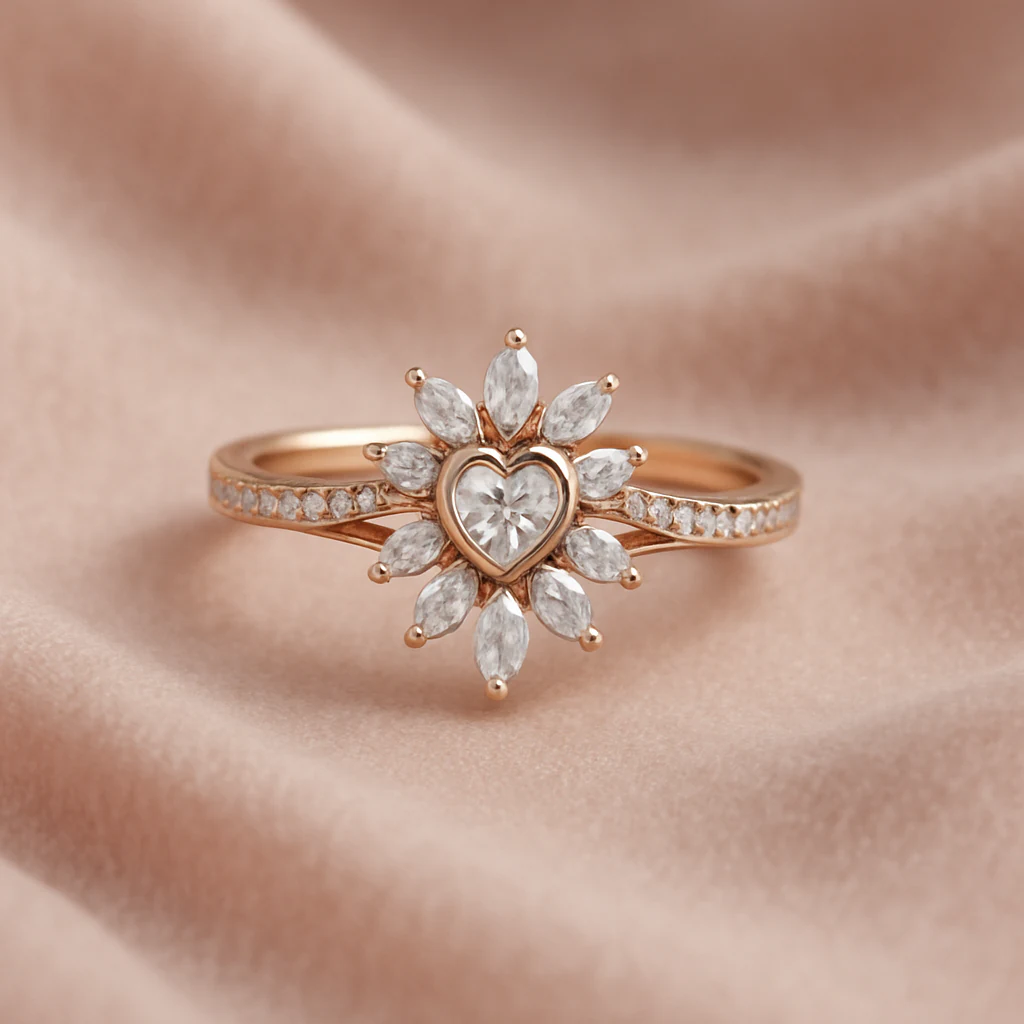 Heart ring in rose gold, front view