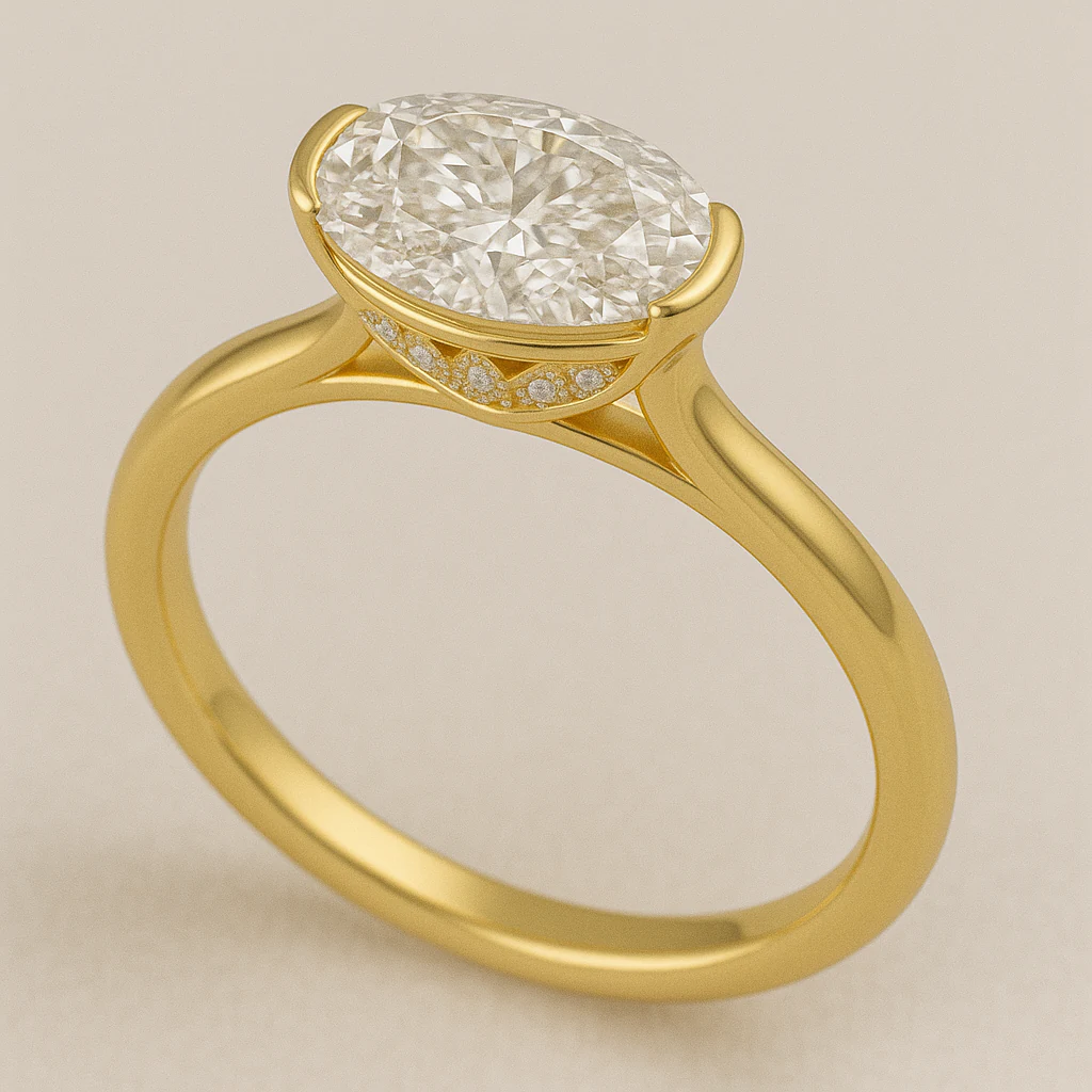 Oval ring in yellow gold, side-profile view